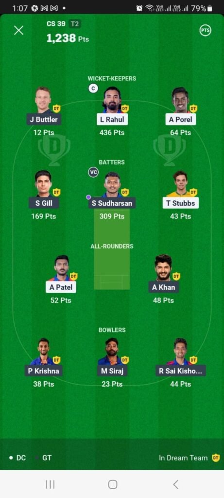 DC vs GT 18 May Dream11 winner in match 60th DC vs GT