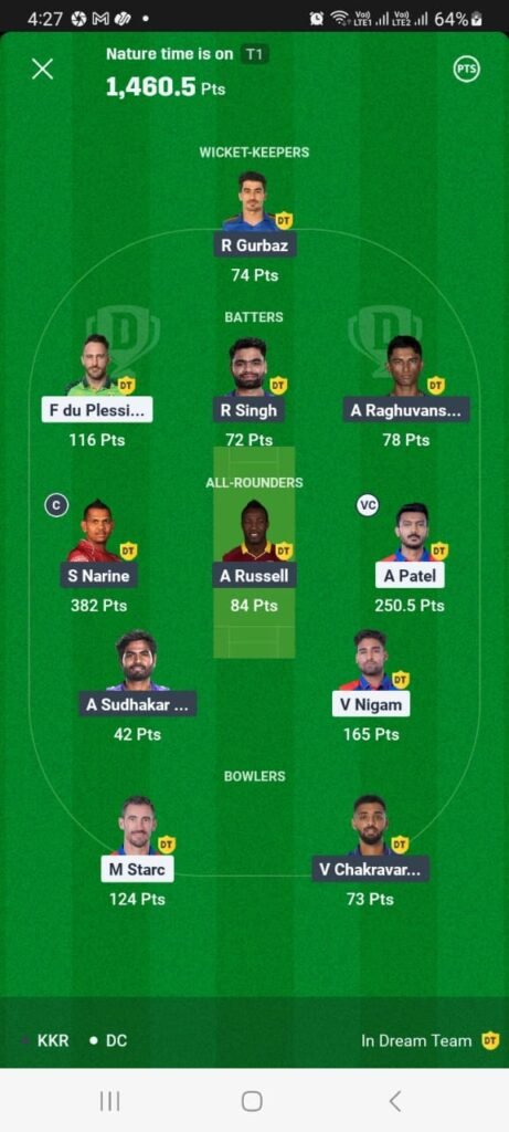KKR vs DC 29 April Dream11 Winner in Match 48th DC vs KKR