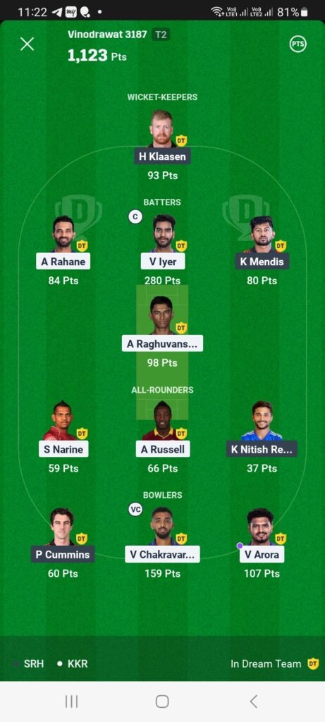 KKR vs SRH 3 March 2025 Dream11 Winner