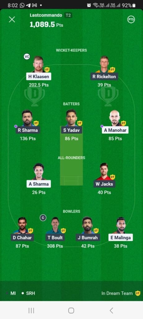 Dream11 Winner in 41st IPL match MI Vs SRH Dream11 Winner in 41st IPL match MI Vs SRH