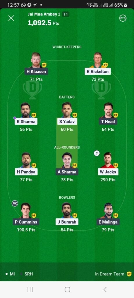 Dream11 winner in the match 33rd MI vs SRH Dream11 winner in the match 33rd MI vs SRH