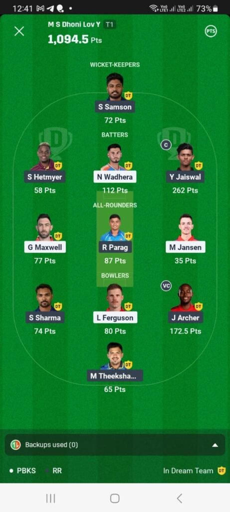 PBKS vs RR match 18th dream11 winner