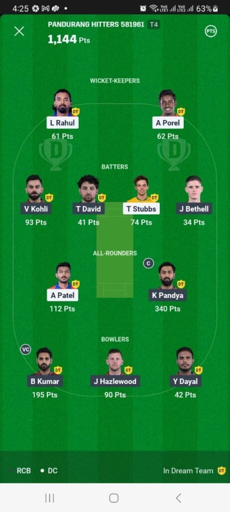 RCB vs DC 27 April Dream11 Winner in Match 46th IPL Match DC vs RCB