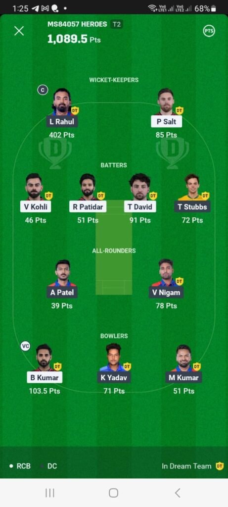 Dream11 Winner in Match 24th RCB vs DC on 10 April 2025 at M Chinnaswamy Stadium, Bengaluru. Dream11 Winner in Match 24th RCB vs DC on 10 April 2025 at M Chinnaswamy Stadium, Bengaluru.