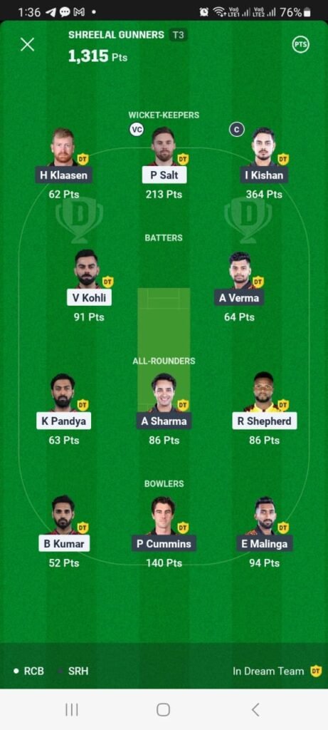 RCB vs SRH 23 May Dream11 winner in match 65 RCB vs SRH