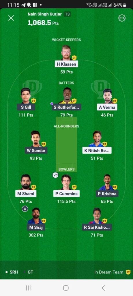 SRH vs GT match 19th dream11 winner