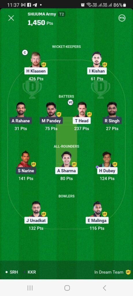 SRH vs KKR 25 May Dream11 winner in match 67 SRH vs KKR